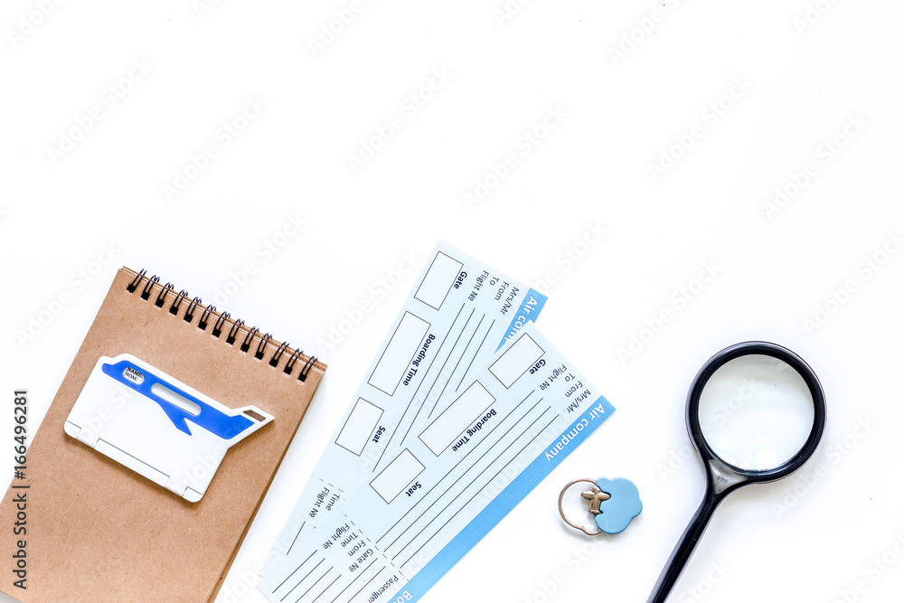 Search tickets for trip. White background top view copyspace Search tickets for trip. White background top view copyspace