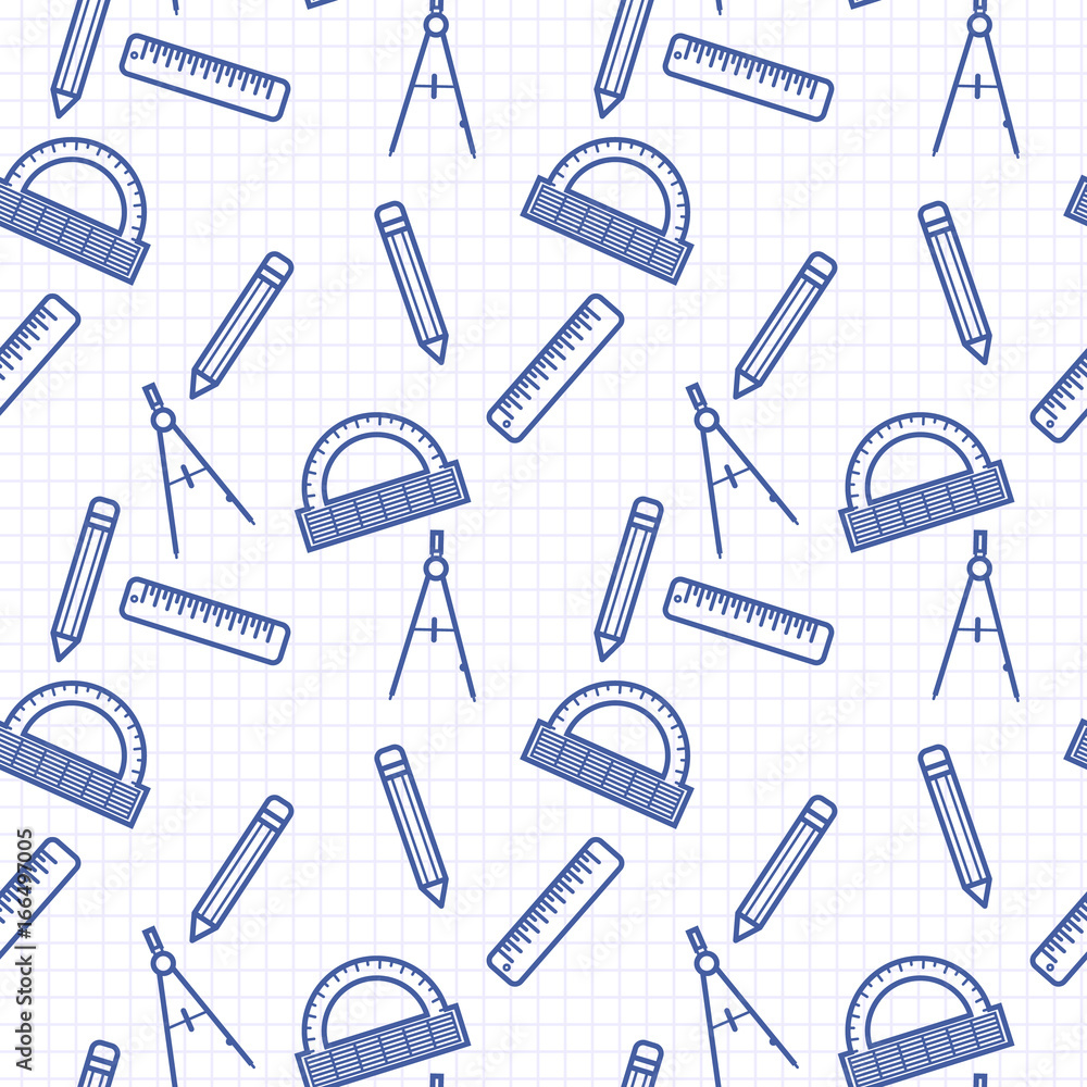 Obraz premium Seamless pattern with blue line art icon of ruler, compasses, pencil and angle ruler on notebook page background. Vector illustration. Background for wallpapers, prints, gift wrap and scrapbook.