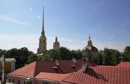 The spire of the bell tower of the Cathedral of the Peter and Paul fortress. Saint-Petersburg.