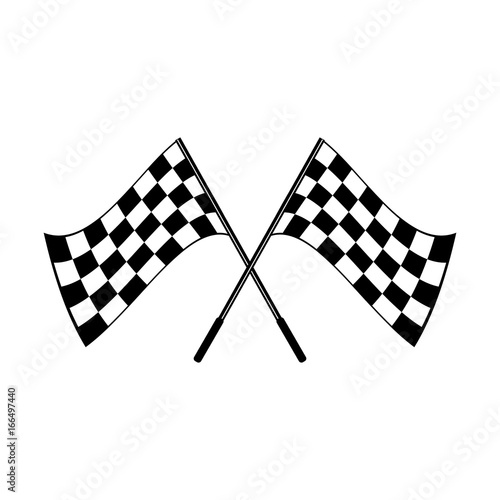 Crossed black and white checkered flags logo conceptual of motor sport, isolated on white