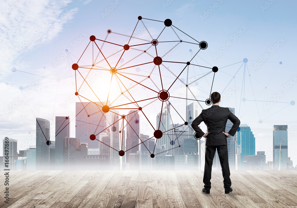 International business networking and social connection against modern city background International business networking and social connection against modern city background