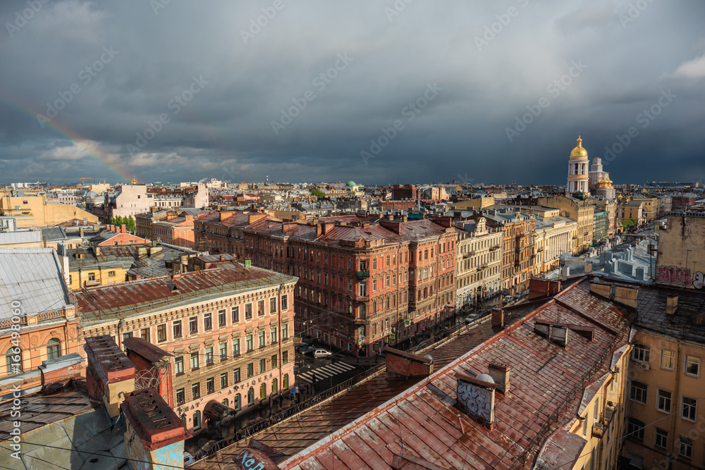 Houses in downtown center of Piter or St. Petersburg, panoramic view from rooftop
