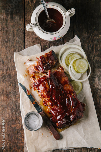 Smoked bbq baby back ribs rustically styled photo