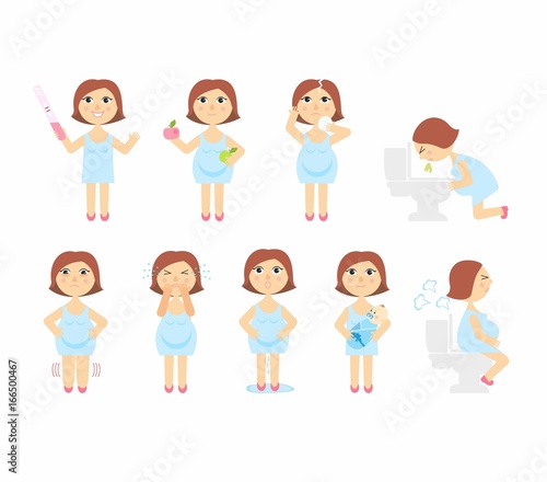 vector illustration signs of pregnancy symptoms - toxemia of pregnancy, swelling, emotional instability, stomach problems. mom and baby. isolated on white background