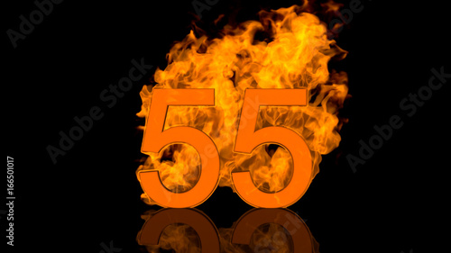 Flaming Number Fifty Five Centred on Black Background with Reflection as 3D rendering