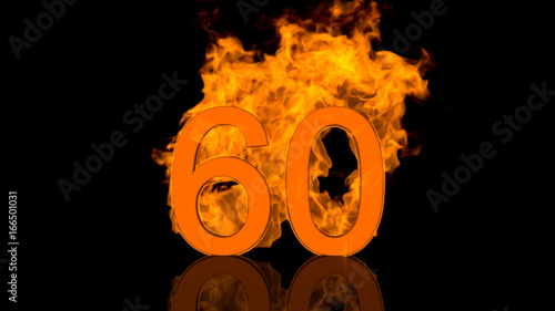 Flaming Number Sixty Centred on Black Background with Reflection as 3D rendering