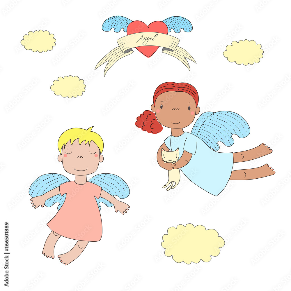 Hand drawn vector illustration of two cute little angel girls, one holding kitten, flying, winged heart and text Angel on a ribbon. Hand drawn vector illustration of two cute little angel girls, one holding kitten, flying, winged heart and text Angel on a ribbon.