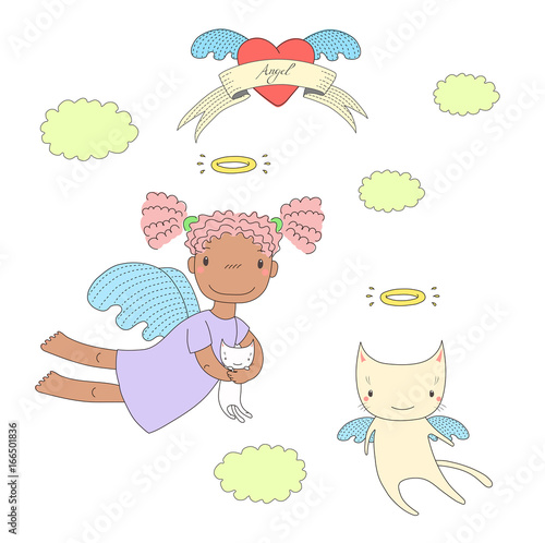 Hand drawn vector illustration of a cute dark skinned angel girl, holding kitten, and angel cat, flying, with heart and text on a ribbon.
