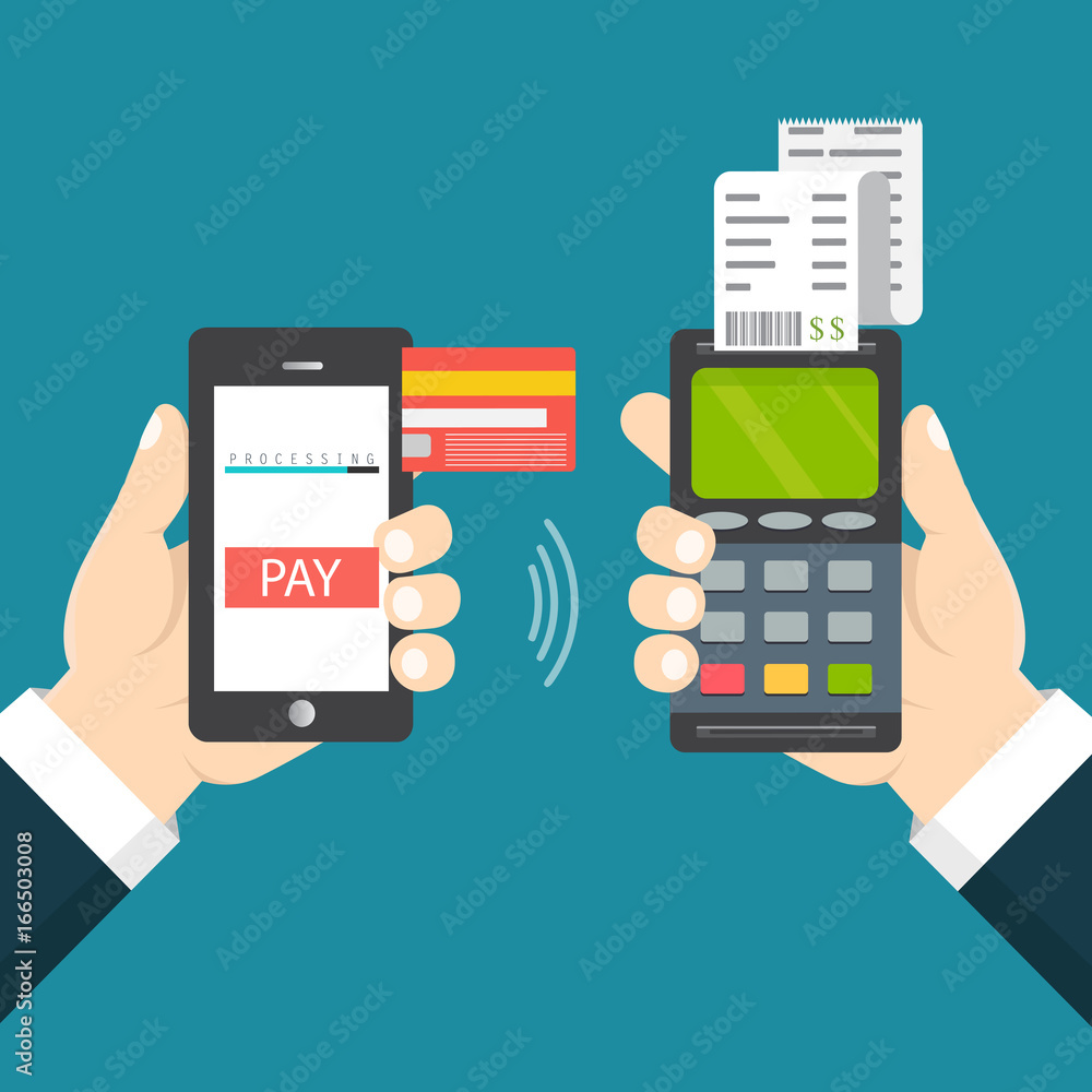 Mobile payment concept. Hand holding a phone. Smartphone wireless money transfer. Flat design. Vector illustration Mobile payment concept. Hand holding a phone. Smartphone wireless money transfer. Flat design. Vector illustration