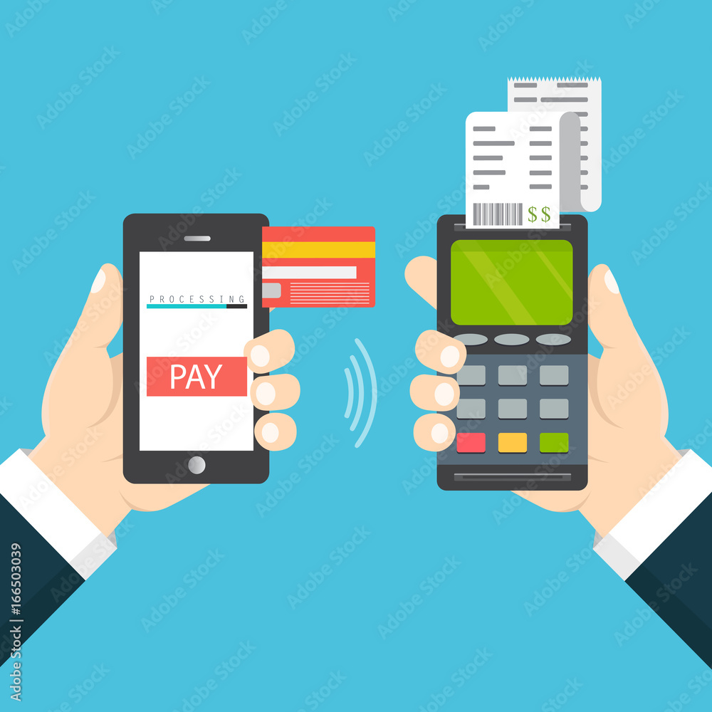Mobile payment concept. Hand holding a phone. Smartphone wireless money transfer. Flat design. Vector illustration Mobile payment concept. Hand holding a phone. Smartphone wireless money transfer. Flat design. Vector illustration