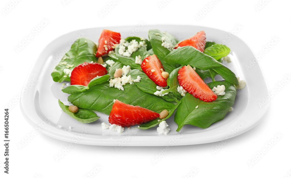 Salad with spinach leaves, strawberry and cheese on white background Salad with spinach leaves, strawberry and cheese on white background
