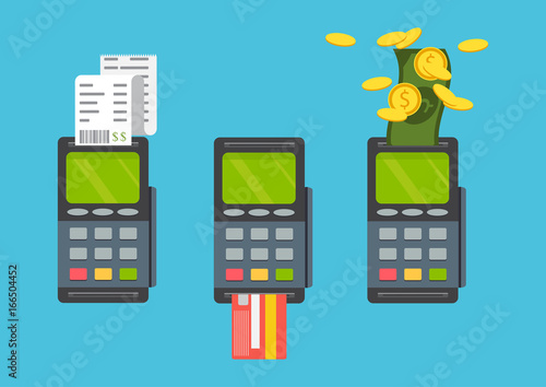 Pos terminal. Pos cashless payment concept. Pos machine with credit card. Vector