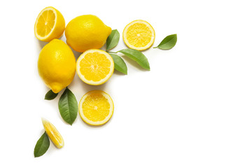 Composition of delicious citrus fruit and green leaves on white background