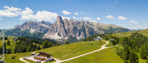 Great landscape on the Dolomites. View on Gardenaccia massif and the Sassongher peak. Alta Badia, Sud Tirol, Italy