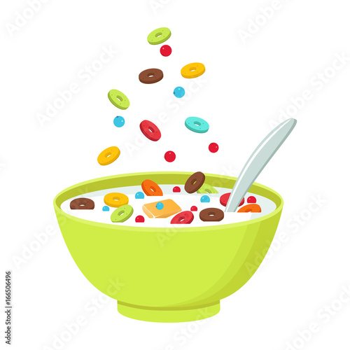 Cereal bowl with milk, smoothie isolated on white background. Concept of healthy and wholesome breakfast. Vector illustration