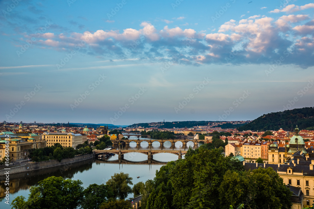 View on the bridges on Vltava river and old town Prague, Czech Republic