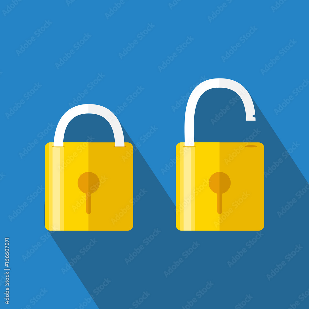 Opened and closed locks. Flat style. Concept of password, blocking, security. Lock icon, isolated on colored background. Vector Opened and closed locks. Flat style. Concept of password, blocking, security. Lock icon, isolated on colored background. Vector