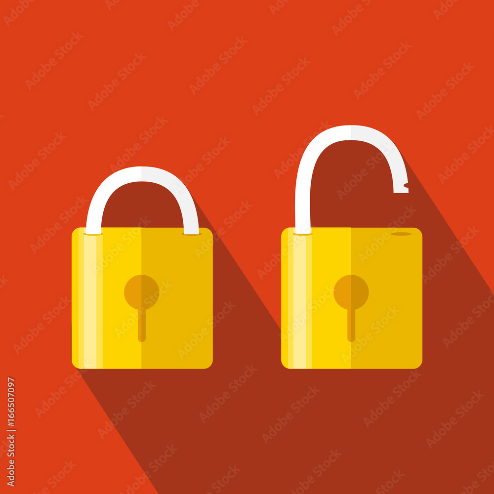 Opened and closed locks. Flat style. Concept of password, blocking, security. Lock icon, isolated on colored background. Vector Opened and closed locks. Flat style. Concept of password, blocking, security. Lock icon, isolated on colored background. Vector