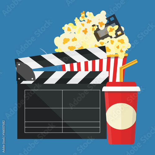 Vector illustration. Popcorn and drink. Film strip border. Cinema movie night icon in flat design style. Bright background.