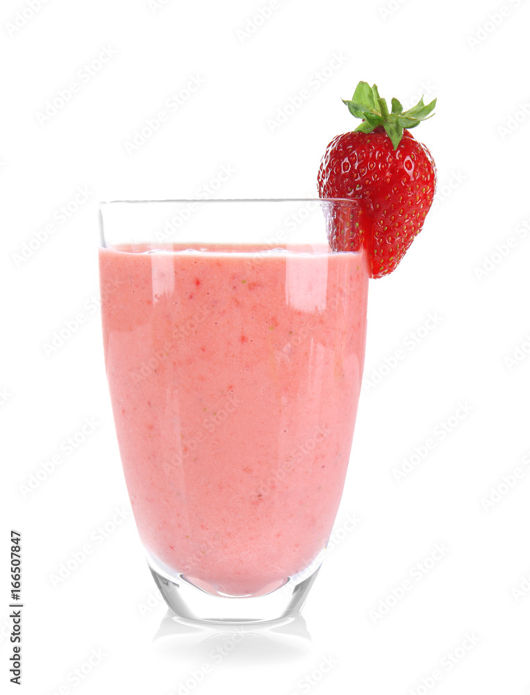 Glass of delicious strawberry homemade smoothie on white background Glass of delicious strawberry homemade smoothie on white background