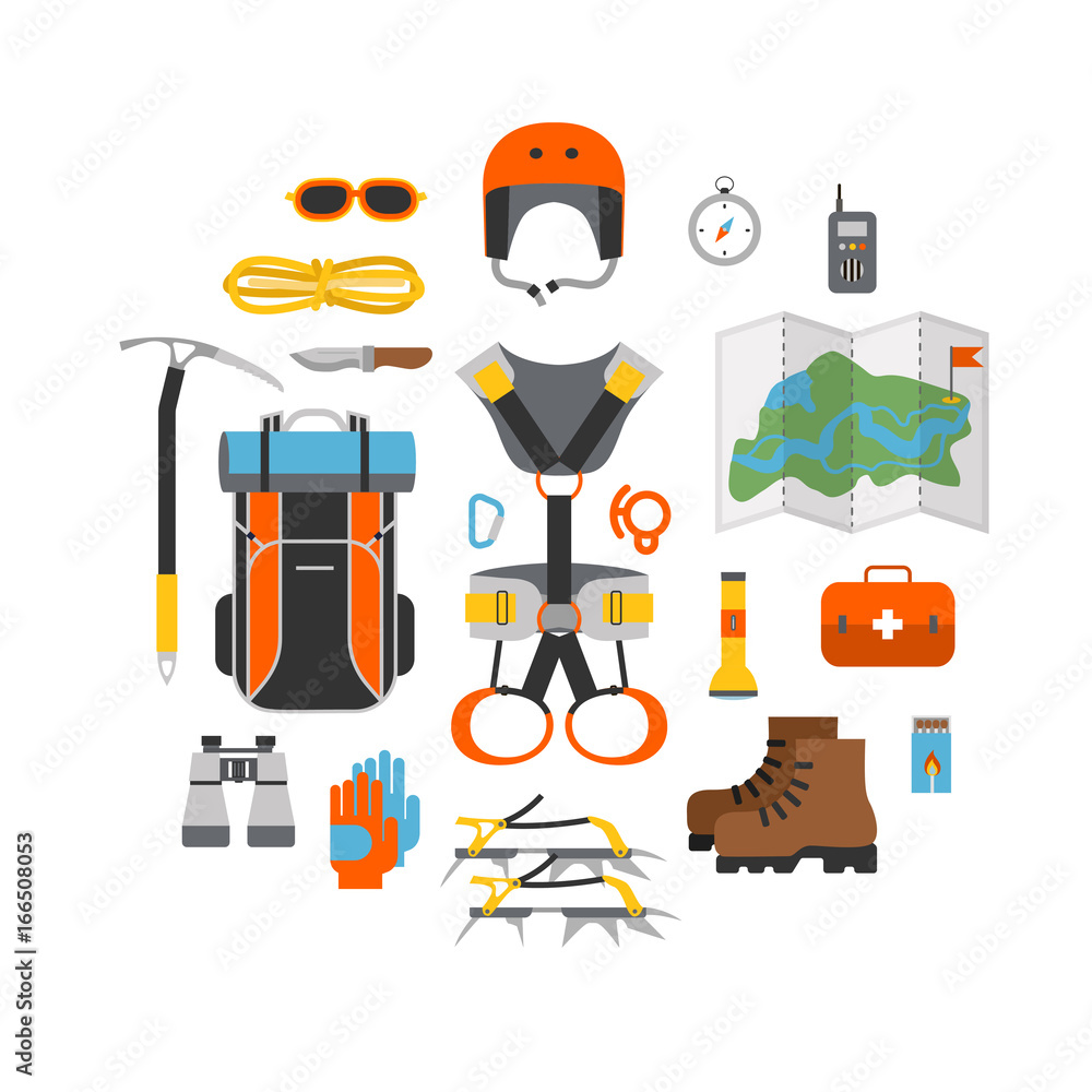 Icon set flat design of modern of climbing and equipment for hiking isolated. Outfit for mountaineering and items for traveling and recreation. For web sites, applications and printing, vector Icon set flat design of modern of climbing and equipment for hiking isolated. Outfit for mountaineering and items for traveling and recreation. For web sites, applications and printing, vector