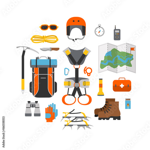 Icon set flat design of modern of climbing and equipment for hiking isolated. Outfit for mountaineering and items for traveling and recreation. For web sites, applications and printing, vector
