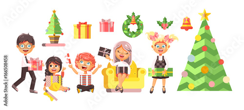 Vector illustration isolated cartoon characters children, boys, girls, Christmas tree, happy New Year and Merry Christmas, give gifts, celebrate flat style element motion design white background