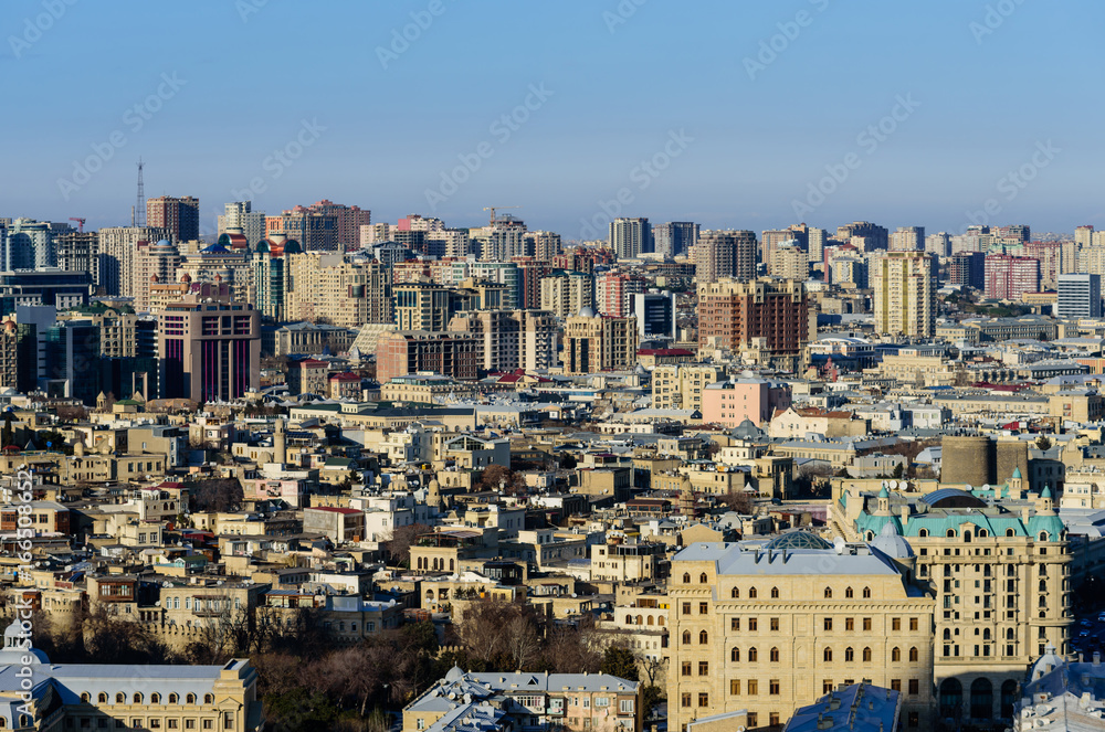 View of the Central part of Baku with modern buildings and skyscrapers, Baku, Azerbaijan