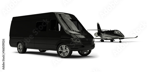 Van limousine with private jet / 3D render image representing an ptivate jet with a van limousine 