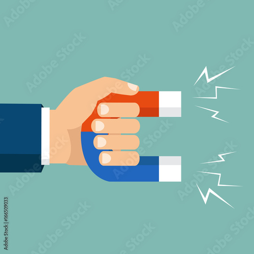 Human hand holding a magnet. Vector illustration, flat style, isolated on background