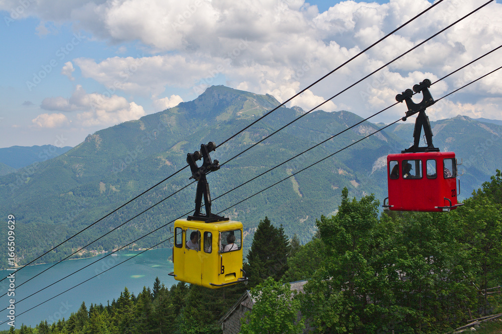 Obraz Cable car on the Zwölferhorn Alm (alpine meadow) near St Gilgen, Salzburger Land, Salzburg, Austria, Summer 2017