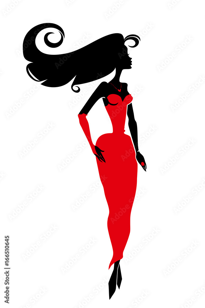 Beautiful woman in a red dress with long black hair. Femme fatale  silhouette vector illustration. Stock Vector | Adobe Stock