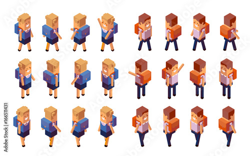 Back to school, boy, girl. Creative people collection. 3d schoolchildren in school uniform with a knapsack stands and goes. Set of isometric characters. Vector illustration isolated on white