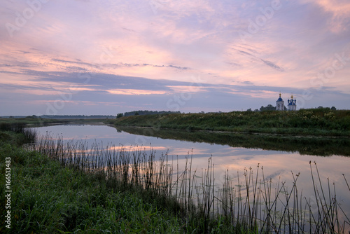 Early morning in the countryside. Sunrise over the river. European part of Russia.