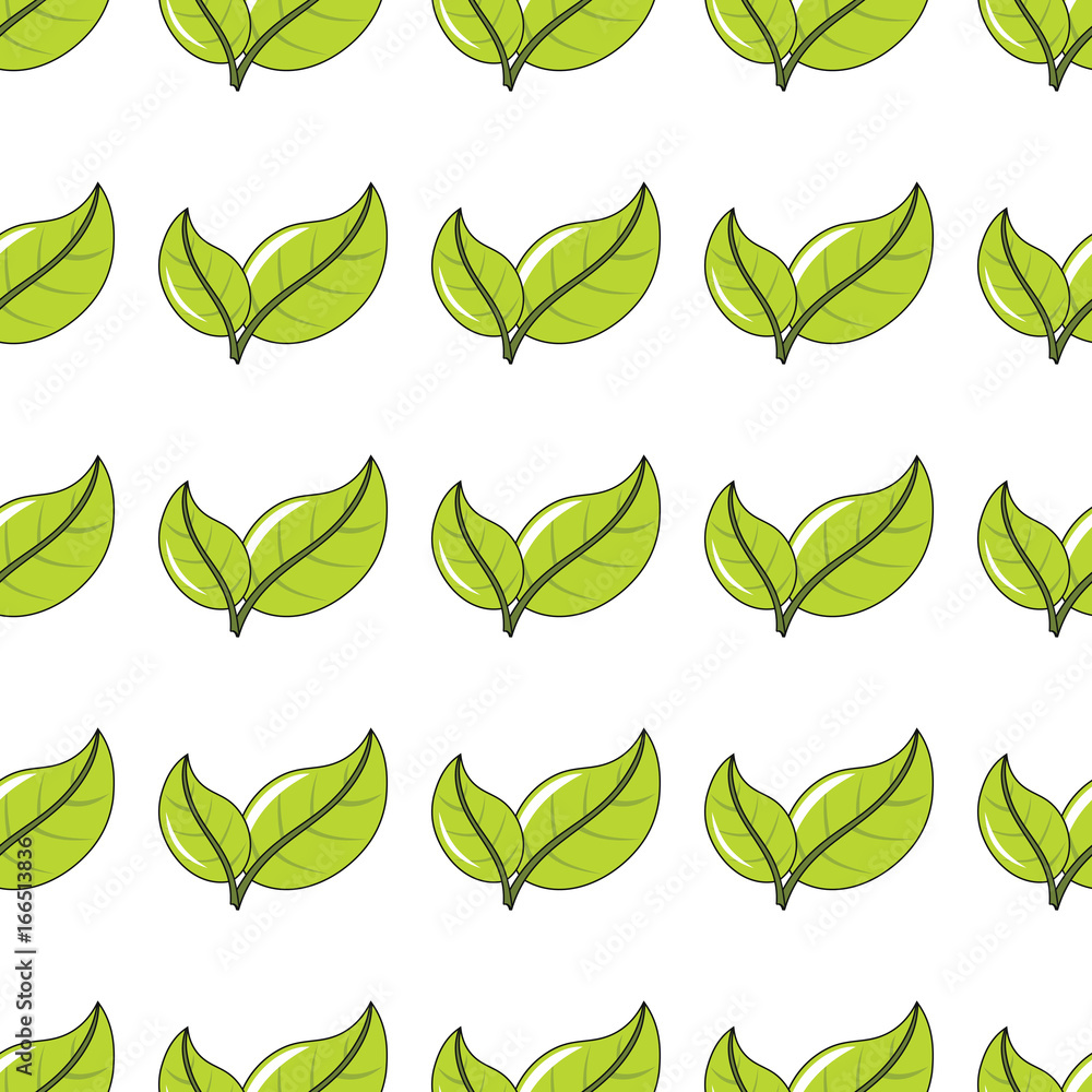 Green leaves seamless pattern in cartoon style isolated on white background vector illustration for web