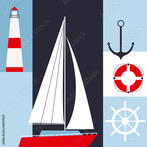 Sea set. Sailing yacht, lighthouse, anchor, lifebuoy.Vector illustration.