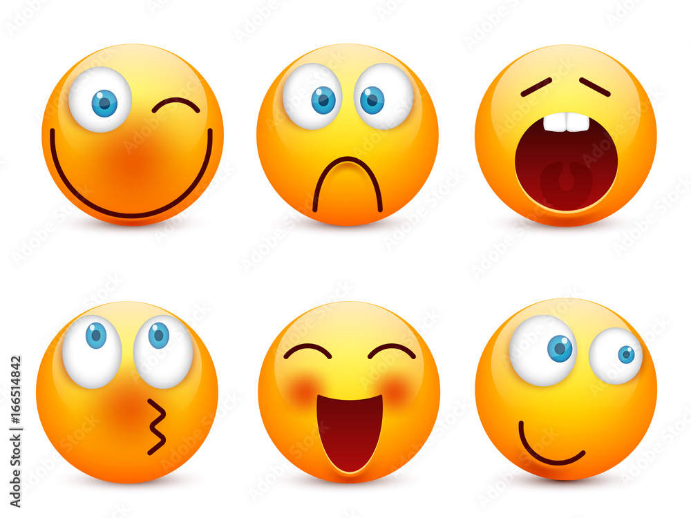 Smiley with blue eyes,emoticon set. Yellow face with emotions. Facial expression. 3d realistic emoji. Sad,happy,angry faces.Funny cartoon character.Mood.Vector illustration. Smiley with blue eyes,emoticon set. Yellow face with emotions. Facial expression. 3d realistic emoji. Sad,happy,angry faces.Funny cartoon character.Mood.Vector illustration.