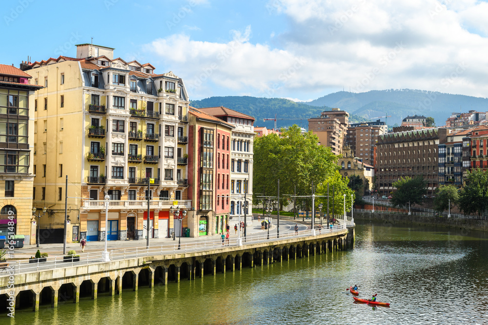Fototapeta premium Bilbao old town view from riverbank, Spain