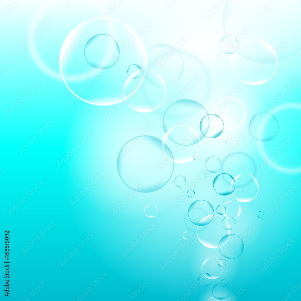 Vector bubbles in the water. Colorful realistic backdrop. Nature background.
