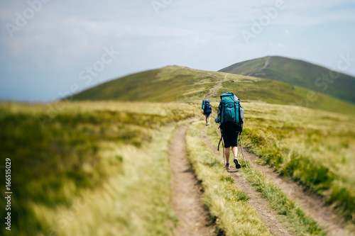 Travelers with backpacks and professional tourist equipment climbing carpathian mountains. Hard hiking. Conquest of high hills. Heavy luggage. Reaching top. Alpine walking. Vacation trip. Lifestyle © benevolente