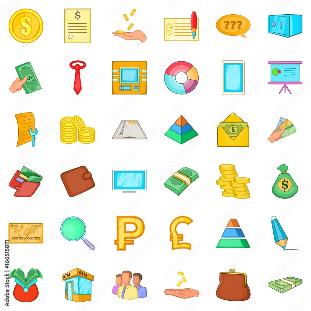 Bookkeeping icons set, cartoon style Bookkeeping icons set, cartoon style