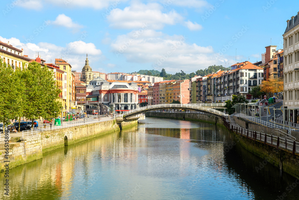 Bilbao old town view from riverbank, Spain