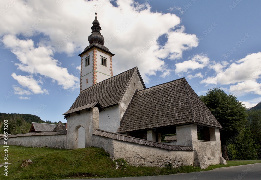 Cerkev Sv. Janeza Krstnika church in Ribčev Laz on Bohinj lake in Triglav national park in Slovenia