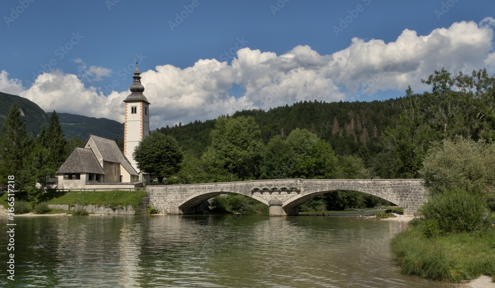 Cerkev Sv. Janeza Krstnika church in Ribčev Laz on Bohinj lake in Triglav national park in Slovenia