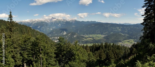 panorama with Triglav mountain from the hillside of Crna Prst in Triglav national park in Slovenia