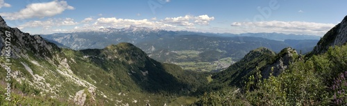 panorama with Triglav mountain from the hillside of Crna Prst in Triglav national park in Slovenia © rihas
