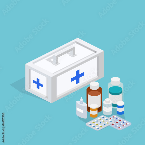 Isometric 3D vector illustration first aid in case of illness. Medicines and pills for health. Suitcase with drugs. Pharmaceuticals.