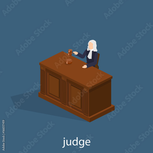 Isometric 3D vector illustration the judge conducts the trial. The hammer, the judge's wig, the table.
