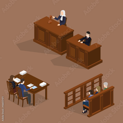 Isometric 3D vector illustration concept the judge conducts the trial. The lawyer protects the defendant. Hall of jury endure verdict