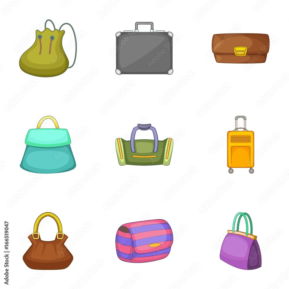 Bags for all occasions icons set, cartoon style Bags for all occasions icons set, cartoon style